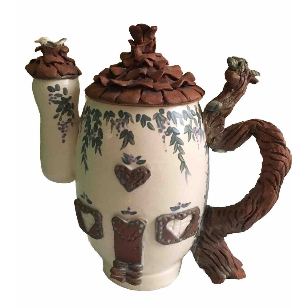 Pottery Clay Decorative Leaves and Bird Teapot Handmade Signed  Read Description